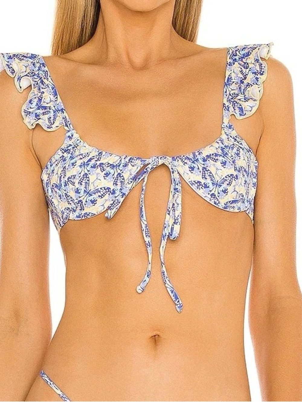 Frankie's Bikinis Blue and Cream Butterfly Tie-Front Bikini Top and tie bottoms